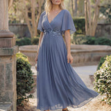 ever DAHLIA|Robe d'invité de mariage mi-longue en mousseline à col en V avec appliques à la taille