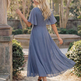 ever DAHLIA|Robe d'invité de mariage mi-longue en mousseline à col en V avec appliques à la taille