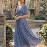 ever DAHLIA|Robe d'invité de mariage mi-longue en mousseline à col en V avec appliques à la taille