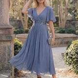 ever DAHLIA|Robe d'invité de mariage mi-longue en mousseline à col en V avec appliques à la taille