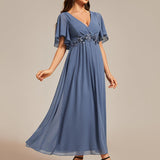 ever DAHLIA|Robe d'invité de mariage mi-longue en mousseline à col en V avec appliques à la taille