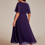ever DAHLIA|Robe d'invité de mariage mi-longue en mousseline à col en V avec appliques à la taille