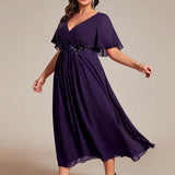 ever DAHLIA|Robe d'invité de mariage mi-longue en mousseline à col en V avec appliques à la taille