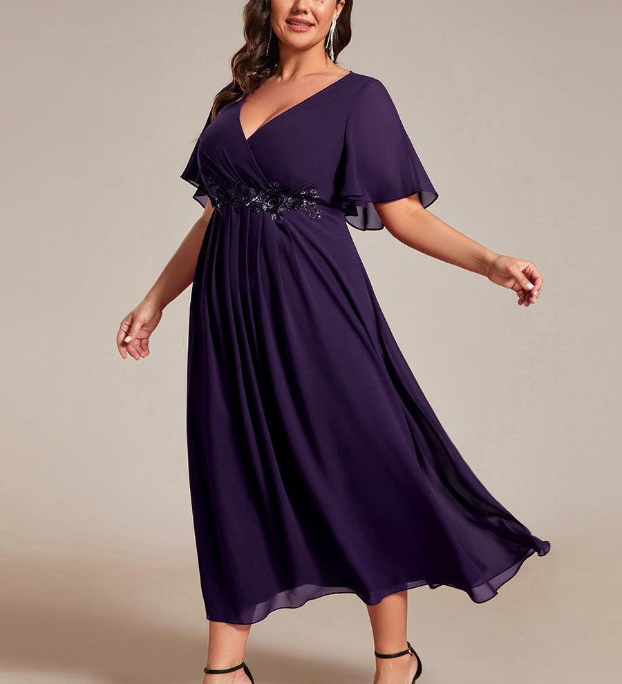 ever DAHLIA|Robe d'invité de mariage mi-longue en mousseline à col en V avec appliques à la taille