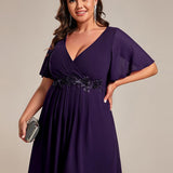 ever DAHLIA|Robe d'invité de mariage mi-longue en mousseline à col en V avec appliques à la taille