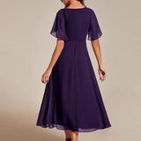 ever DAHLIA|Robe d'invité de mariage mi-longue en mousseline à col en V avec appliques à la taille