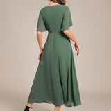 ever DAHLIA|Robe d'invité de mariage mi-longue en mousseline à col en V avec appliques à la taille