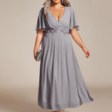 ever DAHLIA|Robe d'invité de mariage mi-longue en mousseline à col en V avec appliques à la taille