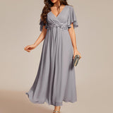ever DAHLIA|Robe d'invité de mariage mi-longue en mousseline à col en V avec appliques à la taille