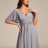 ever DAHLIA|Robe d'invité de mariage mi-longue en mousseline à col en V avec appliques à la taille