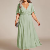 ever DAHLIA|Robe d'invité de mariage mi-longue en mousseline à col en V avec appliques à la taille