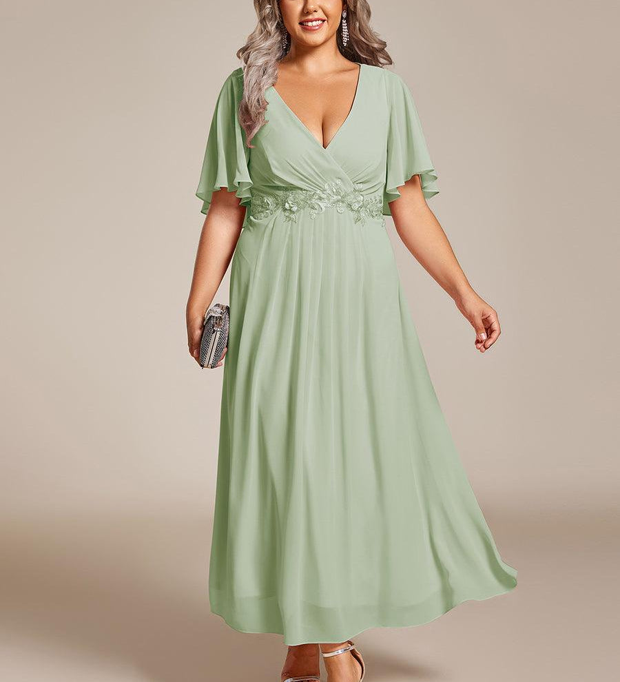 ever DAHLIA|Robe d'invité de mariage mi-longue en mousseline à col en V avec appliques à la taille