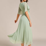 ever DAHLIA|Robe d'invité de mariage mi-longue en mousseline à col en V avec appliques à la taille