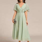 ever DAHLIA|Robe d'invité de mariage mi-longue en mousseline à col en V avec appliques à la taille