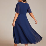 ever DAHLIA|Robe d'invité de mariage mi-longue en mousseline à col en V avec appliques à la taille