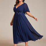 ever DAHLIA|Robe d'invité de mariage mi-longue en mousseline à col en V avec appliques à la taille