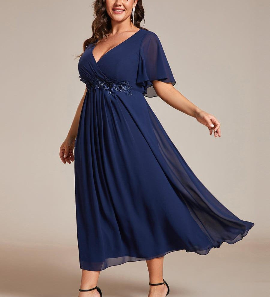 ever DAHLIA|Robe d'invité de mariage mi-longue en mousseline à col en V avec appliques à la taille