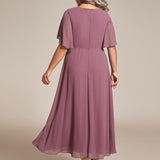 ever DAHLIA|Robe d'invité de mariage mi-longue en mousseline à col en V avec appliques à la taille