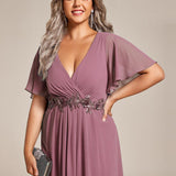 ever DAHLIA|Robe d'invité de mariage mi-longue en mousseline à col en V avec appliques à la taille