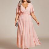 ever DAHLIA|Robe d'invité de mariage mi-longue en mousseline à col en V avec appliques à la taille