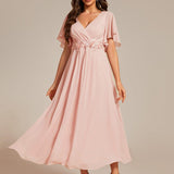 ever DAHLIA|Robe d'invité de mariage mi-longue en mousseline à col en V avec appliques à la taille