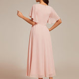 ever DAHLIA|Robe d'invité de mariage mi-longue en mousseline à col en V avec appliques à la taille