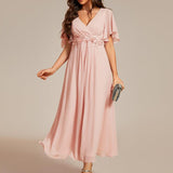 ever DAHLIA|Robe d'invité de mariage mi-longue en mousseline à col en V avec appliques à la taille