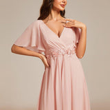 ever DAHLIA|Robe d'invité de mariage mi-longue en mousseline à col en V avec appliques à la taille