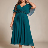 ever DAHLIA|Robe d'invité de mariage mi-longue en mousseline à col en V avec appliques à la taille
