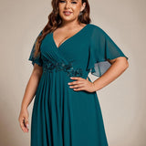 ever DAHLIA|Robe d'invité de mariage mi-longue en mousseline à col en V avec appliques à la taille
