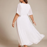 ever DAHLIA|Robe d'invité de mariage mi-longue en mousseline à col en V avec appliques à la taille