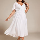 ever DAHLIA|Robe d'invité de mariage mi-longue en mousseline à col en V avec appliques à la taille