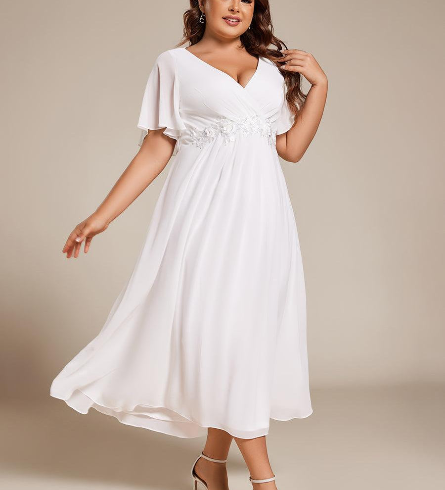 ever DAHLIA|Robe d'invité de mariage mi-longue en mousseline à col en V avec appliques à la taille