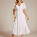 ever DAHLIA|Robe d'invité de mariage mi-longue en mousseline à col en V avec appliques à la taille