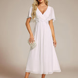 ever DAHLIA|Robe d'invité de mariage mi-longue en mousseline à col en V avec appliques à la taille