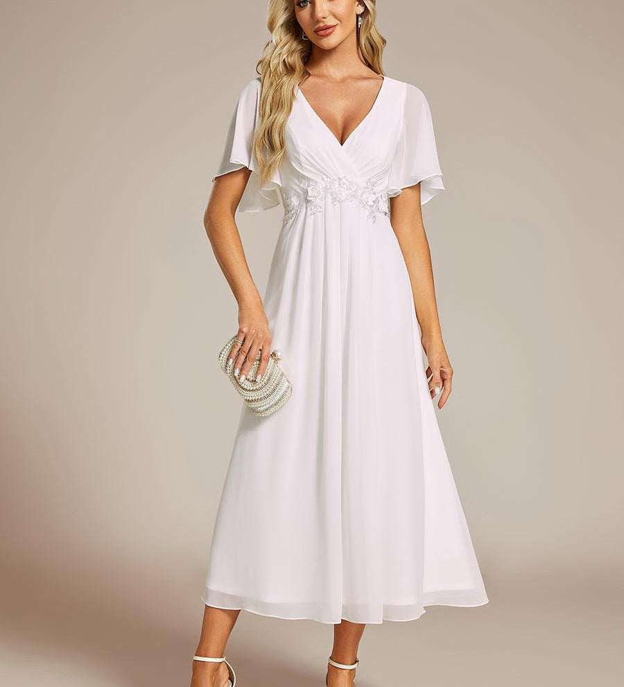ever DAHLIA|Robe d'invité de mariage mi-longue en mousseline à col en V avec appliques à la taille