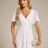 ever DAHLIA|Robe d'invité de mariage mi-longue en mousseline à col en V avec appliques à la taille