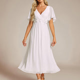 ever DAHLIA|Robe d'invité de mariage mi-longue en mousseline à col en V avec appliques à la taille
