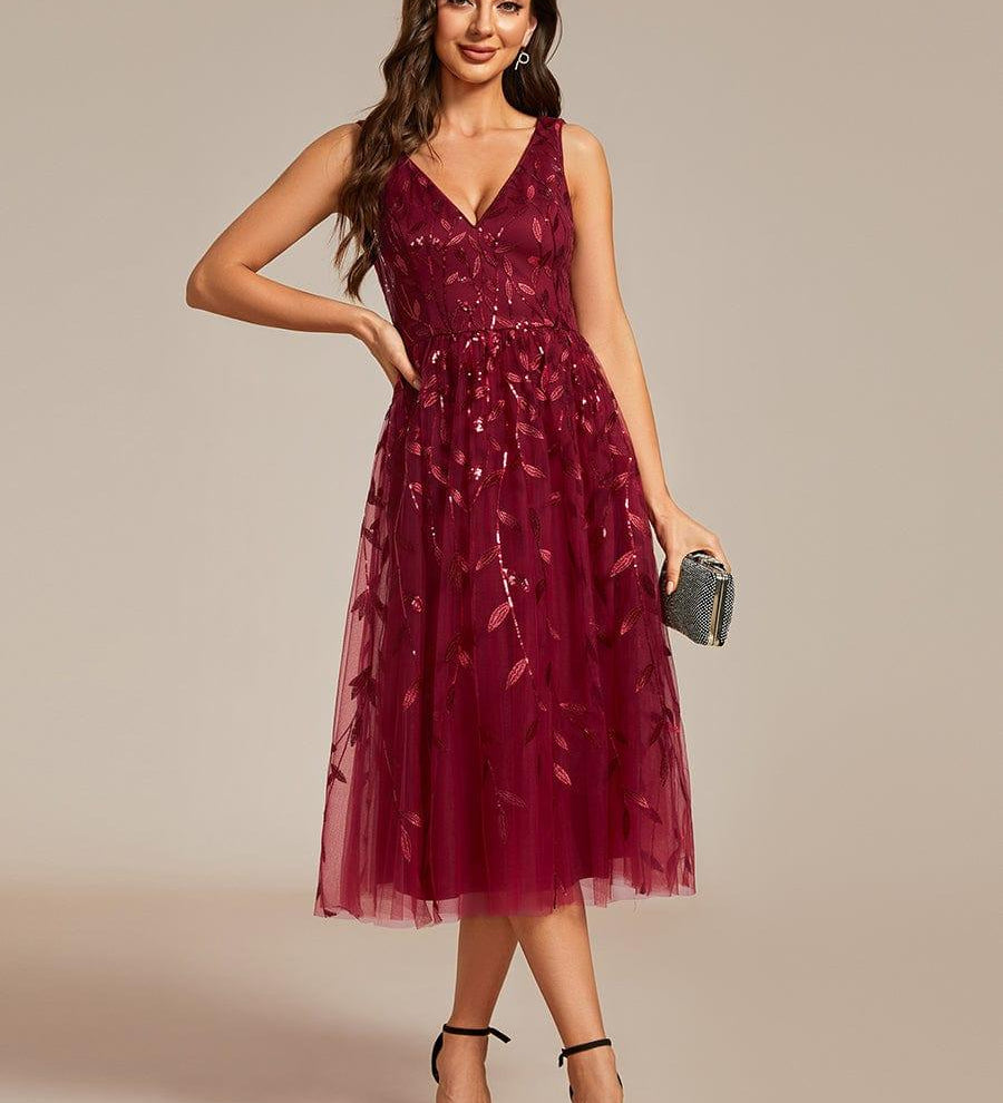 ever ROUX|Robe d'invité de mariage mi-longue trapèze à col en V et paillettes avec sans manches