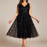 ever ROUX|Robe d'invité de mariage mi-longue trapèze à col en V et paillettes avec sans manches