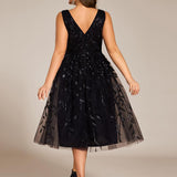 ever ROUX|Robe d'invité de mariage mi-longue trapèze à col en V et paillettes avec sans manches