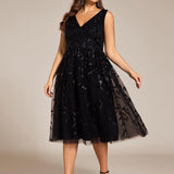 ever ROUX|Robe d'invité de mariage mi-longue trapèze à col en V et paillettes avec sans manches