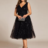 ever ROUX|Robe d'invité de mariage mi-longue trapèze à col en V et paillettes avec sans manches