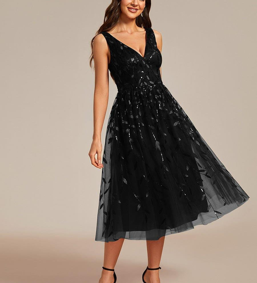 ever ROUX|Robe d'invité de mariage mi-longue trapèze à col en V et paillettes avec sans manches
