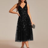 ever ROUX|Robe d'invité de mariage mi-longue trapèze à col en V et paillettes avec sans manches