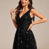 ever ROUX|Robe d'invité de mariage mi-longue trapèze à col en V et paillettes avec sans manches