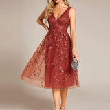 ever ROUX|Robe d'invité de mariage mi-longue trapèze à col en V et paillettes avec sans manches
