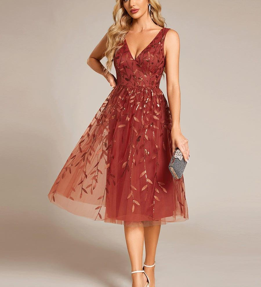 ever ROUX|Robe d'invité de mariage mi-longue trapèze à col en V et paillettes avec sans manches