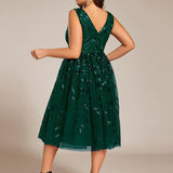 ever ROUX|Robe d'invité de mariage mi-longue trapèze à col en V et paillettes avec sans manches