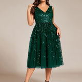ever ROUX|Robe d'invité de mariage mi-longue trapèze à col en V et paillettes avec sans manches